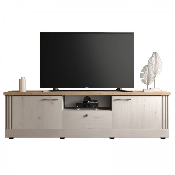 vista frontale mobile porta tv in legno 2 ante e 1 cassetto made in italy rovere meringa/rovere cadice modello Icaro Totò Piccinni