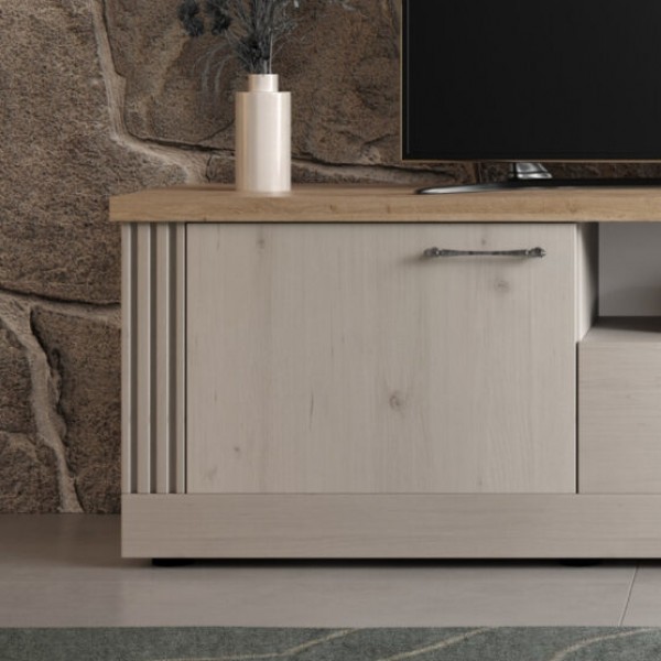 Dettaglio ambientato mobile porta tv in legno 2 ante e 1 cassetto made in italy rovere meringa/rovere cadice modello Icaro Totò Piccinni