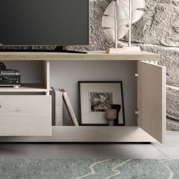 Dettaglio ambientato con anta aperta mobile porta tv in legno 2 ante e 1 cassetto made in italy rovere meringa/rovere cadice modello Icaro Totò Piccinni