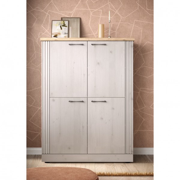 vista ambientata frontale mobile alto in legno con 4 ante made in italy rovere meringa/rovere cadice modello Icaro Totò Piccinni