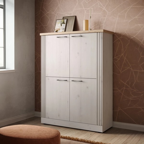 vista ambientata diagonale mobile alto in legno con 4 ante made in italy rovere meringa/rovere cadice modello Icaro Totò Piccinni