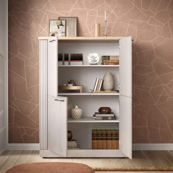 vista ambientata frontale con ante aperte mobile alto in legno con 4 ante made in italy rovere meringa/rovere cadice modello Icaro Totò Piccinni