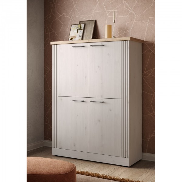 vista ambientata diagonale mobile alto in legno con 4 ante made in italy rovere meringa/rovere cadice modello Icaro Totò Piccinni