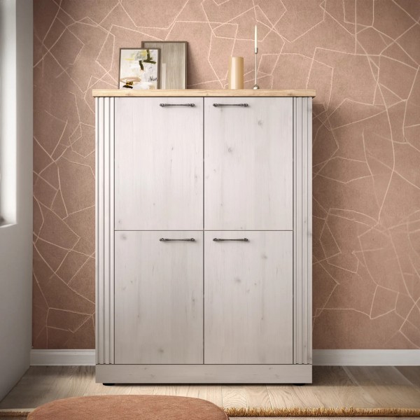 vista ambientata frontale mobile alto in legno con 4 ante made in italy rovere meringa/rovere cadice modello Icaro Totò Piccinni