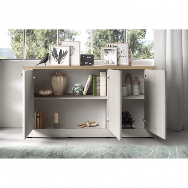 vista ambientata frontale con ante aperte madia in legno con 3 ante made in italy rovere meringa/rovere cadice modello Icaro Totò Piccinni