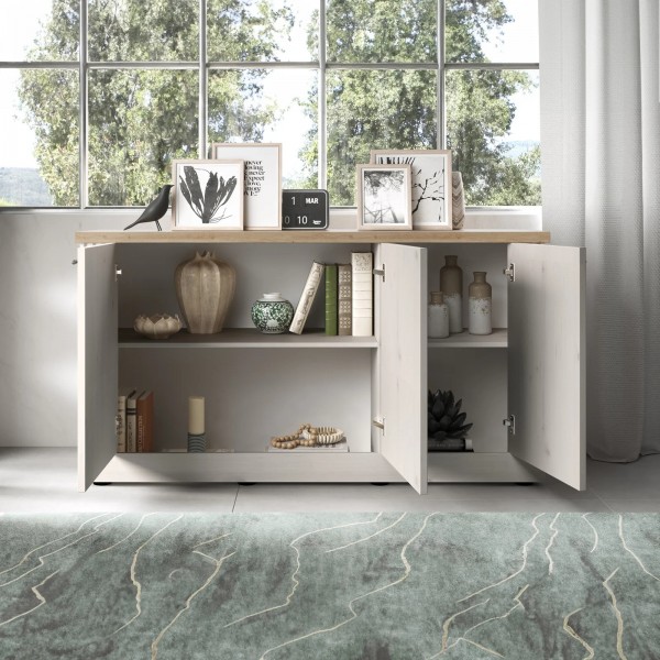 vista ambientata frontale con ante aperte madia in legno con 3 ante made in italy rovere meringa/rovere cadice modello Icaro Totò Piccinni