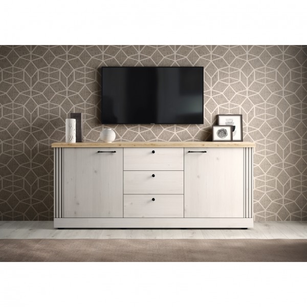 vista ambientata frontale madia in legno 2 ante e 3 cassetti made in italy rovere meringa/rovere cadice modello Icaro Totò Piccinni