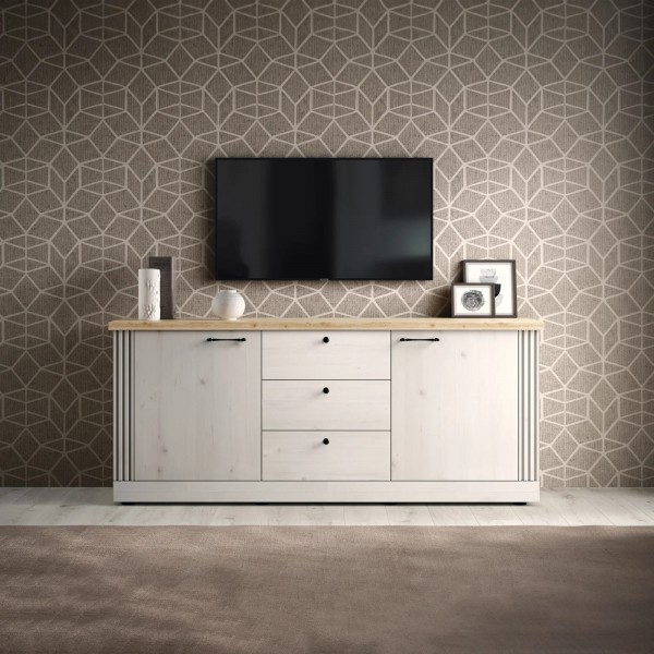 vista ambientata frontale madia in legno 2 ante e 3 cassetti made in italy rovere meringa/rovere cadice modello Icaro Totò Piccinni