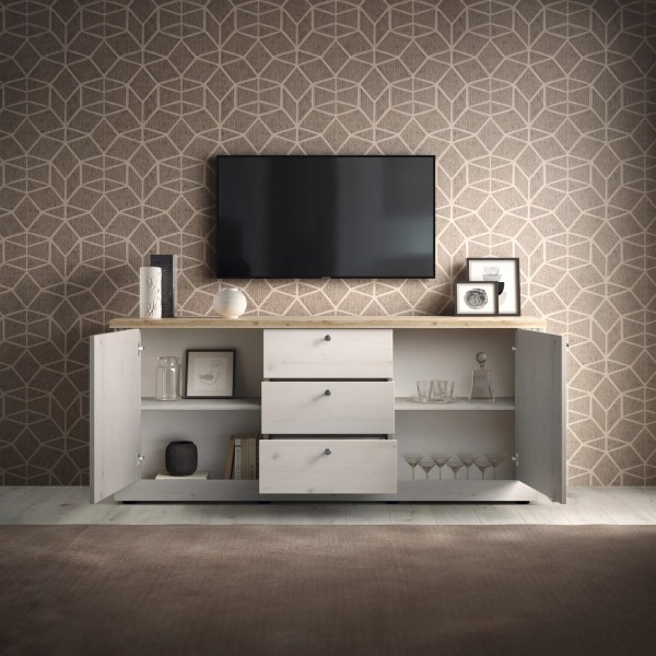 vista ambientata frontale con ante aperte madia in legno 2 ante e 3 cassetti made in italy rovere meringa/rovere cadice modello Icaro Totò Piccinni