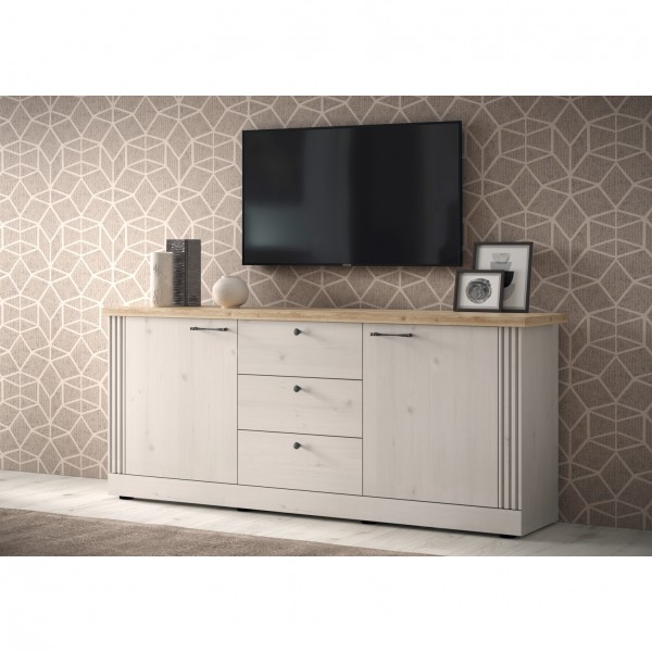 vista ambientata diagonale madia in legno 2 ante e 3 cassetti made in italy rovere meringa/rovere cadice modello Icaro Totò Piccinni