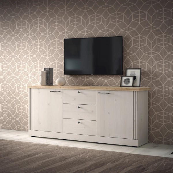 vista ambientata diagonale madia in legno 2 ante e 3 cassetti made in italy rovere meringa/rovere cadice modello Icaro Totò Piccinni