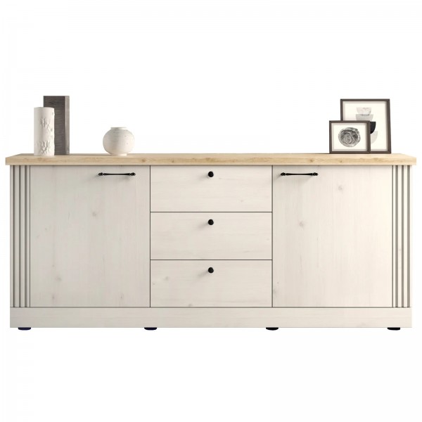 vista frontale madia in legno 2 ante e 3 cassetti made in italy rovere meringa/rovere cadice modello Icaro Totò Piccinni