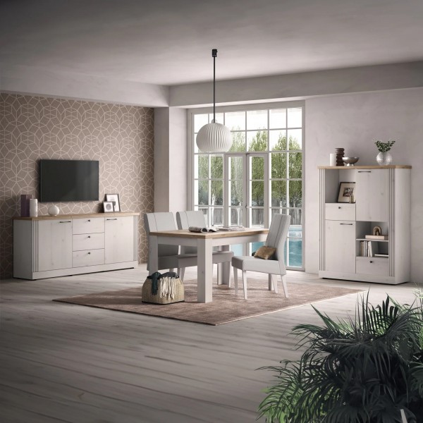 vista ambientata diagonale madia in legno 2 ante e 3 cassetti made in italy rovere meringa/rovere cadice modello Icaro Totò Piccinni