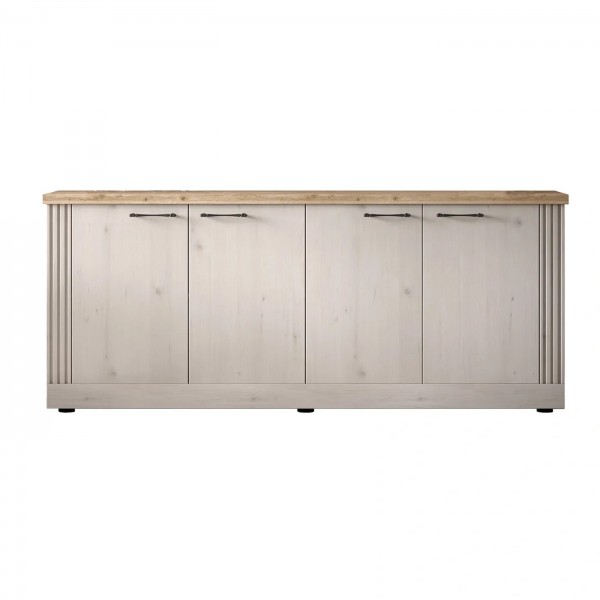 Vista frontale Madia in legno con 4 ante colore "rovere meringa/rovere cadiz" modello Ocaro Totò Piccinni