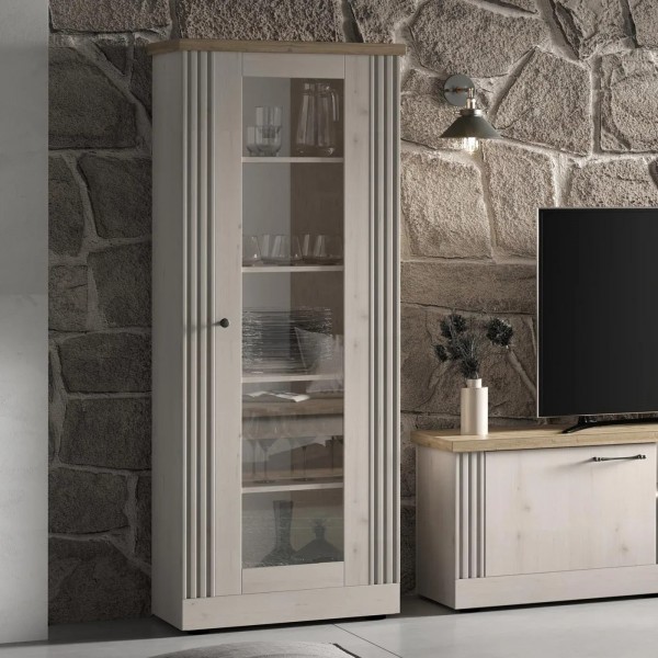 Vista ambientata Vetrina salotto in legno con 1 anta colore "rovere meringa/rovere cadiz" modello Icaro Totò Piccinni