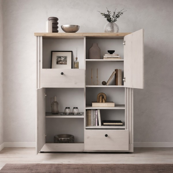 Vista frontale ambientata Mobile Bar in Legno 4 Ante colore "rovere meringa/Rovere cadiz" modello Icaro Totò Piccinni