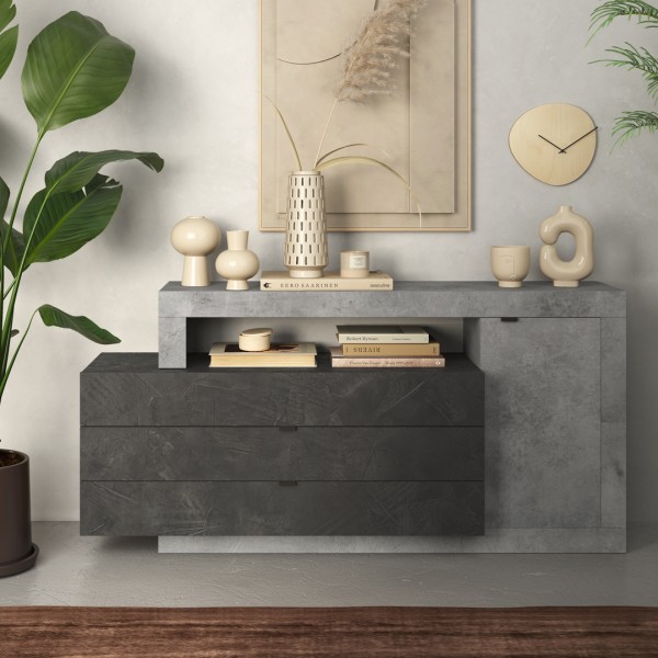 madia in legno 1 ante e 3 cassetti made in italy piombo cemento