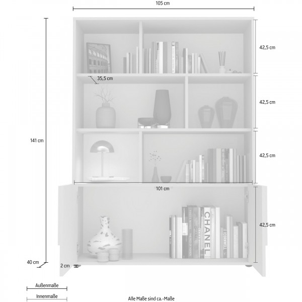 Specifica dimensioni senza piedini Libreria in legno 2 ante e 6 vani con base con o senza piedini colore "cashmere" modello Atlas Totò Piccinni