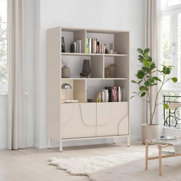 Vista ambientata Libreria in legno 2 ante e 6 vani con base con o senza piedini colore "cashmere" modello Atlas Totò Piccinni