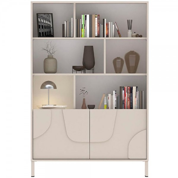 Vista frontale Libreria salotto in legno 2 ante e 6 vani con base con o senza piedini colore "cashmere" modello Atlas Totò Piccinni