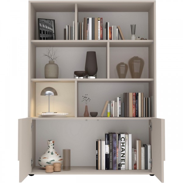 Vista frontale Libreria moderna  in legno 2 ante e 6 vani con base con o senza piedini colore "cashmere" modello Atlas Totò Piccinni