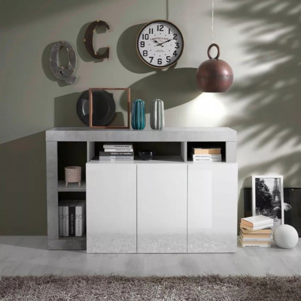 madia in legno con 3 ante e 4 vani made in italy bianco lucido/cemento