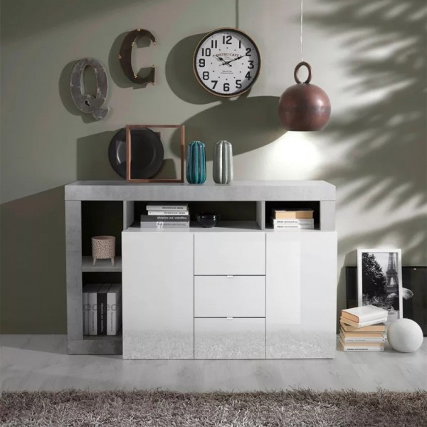 madia in legno 2 ante 3 cassetti e 4 vani made in italy bianco lucido/ossido