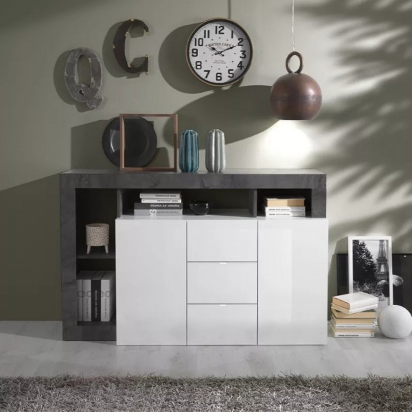 madia in legno 2 ante 3 cassetti e 4 vani made in italy bianco lucido/cemento