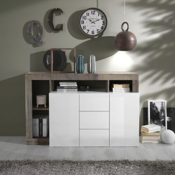 madia in legno 2 ante 3 cassetti e 4 vani made in italy bianco luciso/pero
