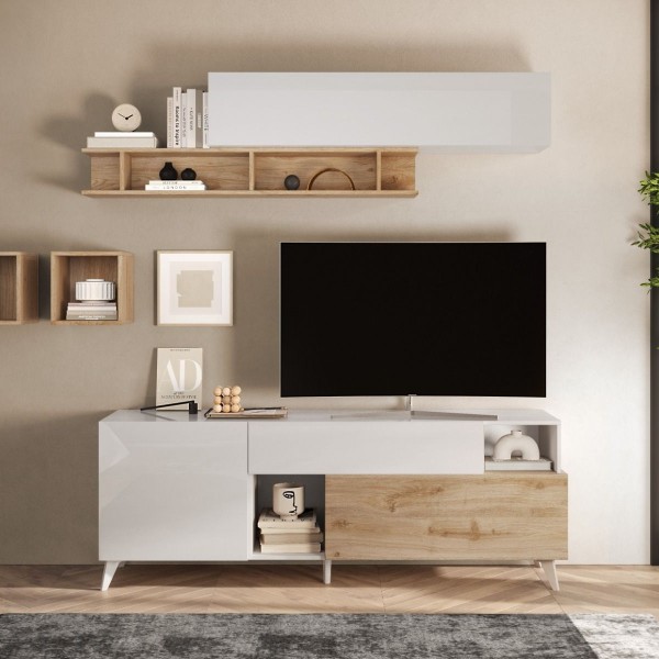 Mobile Porta TV In Legno - 4 Scomparti - Per Soggiorno - Colore Bianco - 96x40x47 Cm