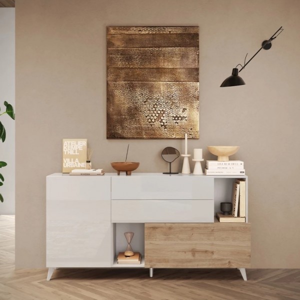 madia in legno 2 ante 2 cassetti e 2 vani made in italy bianco lucido/rovere cadice