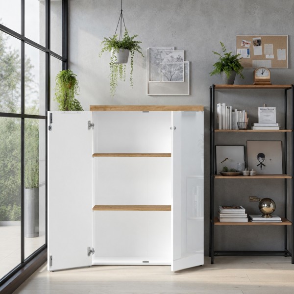 Mobile armadietto basso con serratura e 2 ante colore "bianco lucido/rovere cadiz" modello Kreo Totò Piccinni