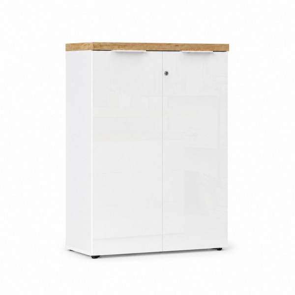 Vista diagonale Mobile armadietto basso con serratura e 2 ante colore "bianco lucido/rovere cadiz" modello Kreo Totò Piccinni