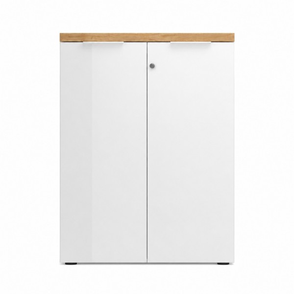 Vista frontale Mobile armadietto basso con serratura e 2 ante colore "bianco lucido/rovere cadiz" modello Kreo Totò Piccinni