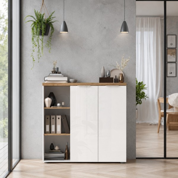 Vista ambientata frontale mobile basso 2 ante e 3 vani colore "bianco lucido/rovere cadiz" modello Kreo, Totò Piccinni