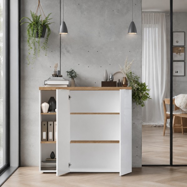 mobile basso 2 ante e 3 vani colore "bianco lucido/rovere cadiz" modello Kreo, Totò Piccinni