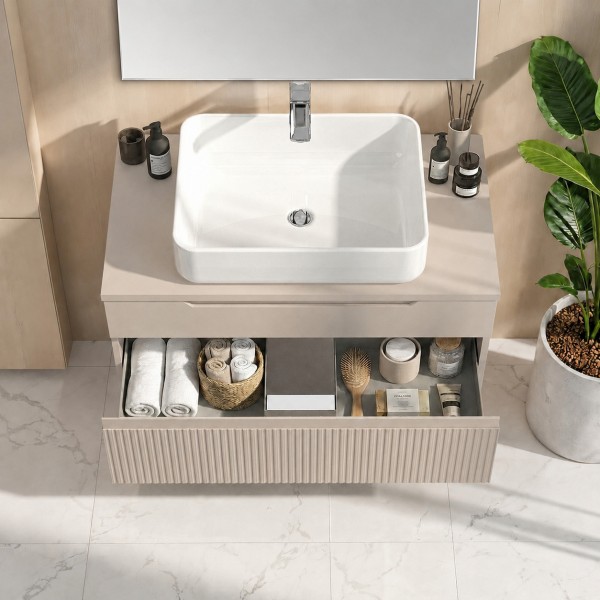 Mobile bagno sospeso da 80cm con 2 cassetti, lavabo da 50 cm e specchio rettangolare 80x50 colore cashmenre modello Nilo Totò Piccinni