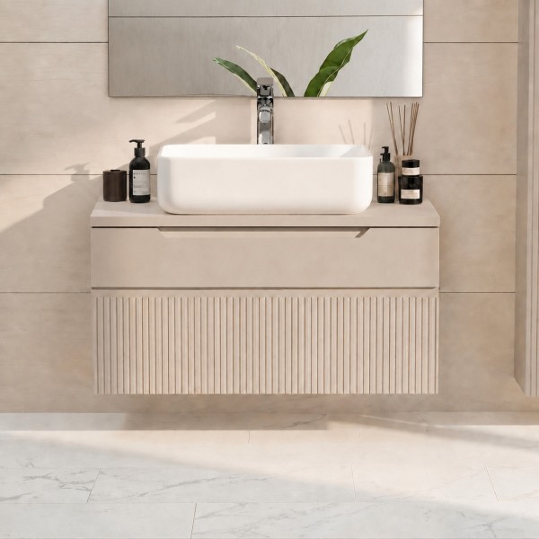 Mobile bagno sospeso da 80cm con 2 cassetti, lavabo da 50 cm e specchio rettangolare 80x50 colore cashmenre modello Nilo Totò Piccinni