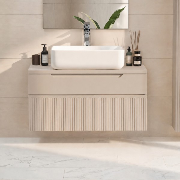 Mobile bagno sospeso da 80cm con 2 cassetti, lavabo da 50 cm e specchio rettangolare 80x50 colore cashmenre modello Nilo Totò Piccinni