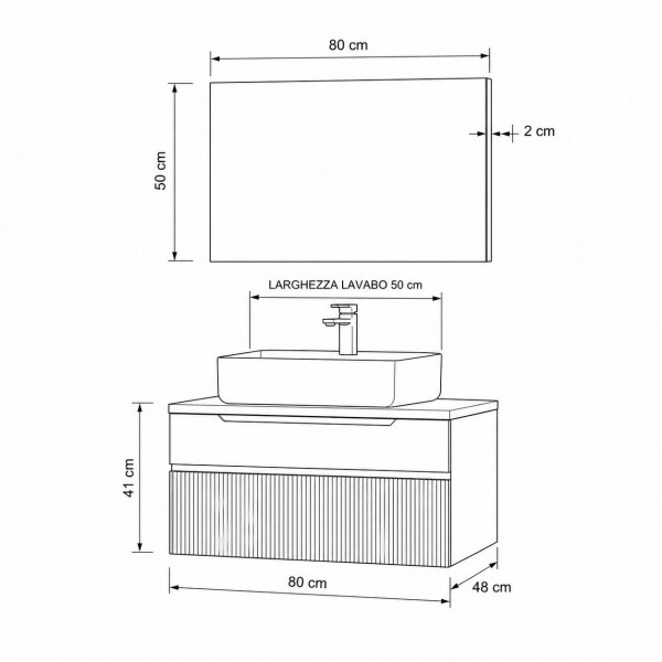 Specifica dimensioni Mobile bagno sospeso da 80cm con 2 cassetti, lavabo da 50 cm e specchio rettangolare 80x50 colore cashmenre modello Nilo Totò Piccinni
