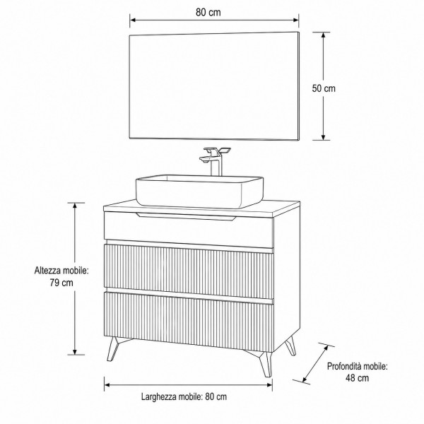 Specifica dimensioni Mobile Bagno da terra 80cm con 3 cassetti e con specchio 80x50 cm colore cashmerne modello Nilo Totò Piccinni