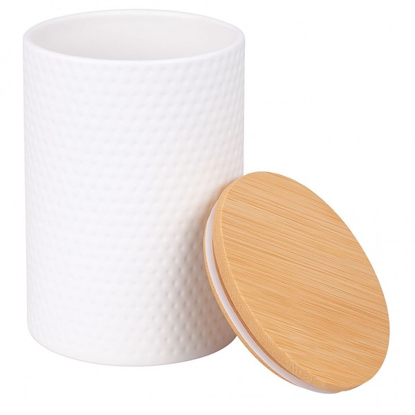 Vista con tappo aperto barattolo da cucina in gres bianco modello Circle Villa D'Este