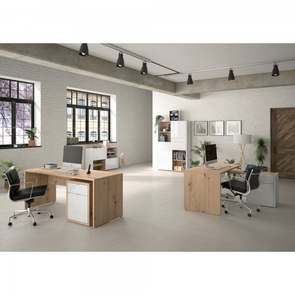 Vista ambientata Scrivania ad angolo colore "Bianco Laccato/Rovere Artisan" in legno con 1 cassetto e 1 anta modello Apex Totò Piccinni