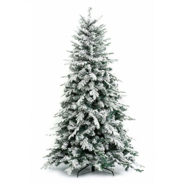 Foto di un albero di natale artificiale realistico PE real touch innevato con floccatura di fiocchi di neve bianco e verde Alaska Xone