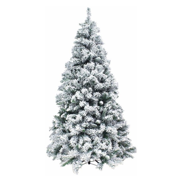Foto di un albero di natale artificiale molto folto realistico innevato con floccatura di fiocchi di neve bianco e verde Kettinson Slim Xone