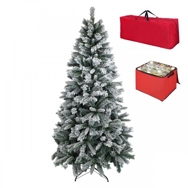 albero di natale innevato realistico con neve artificiale floccata, immagine su sfondo bianco, con Albero di Natale Berna Totò Piccinni con borsone porta albero rosso e borsa porta palline di natale