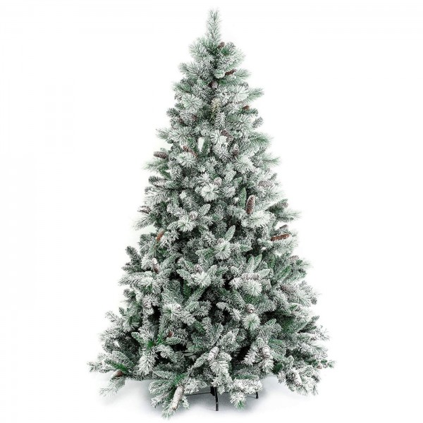 Foto di un albero di natale realistico innevato verde e bianco con pigne gardena xone