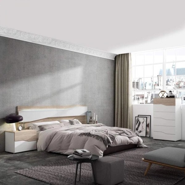 Vista ambientata Comodino in legno colore "Bianco/Rovere" con 2 cassetti modello Ardisia Totò Piccinni