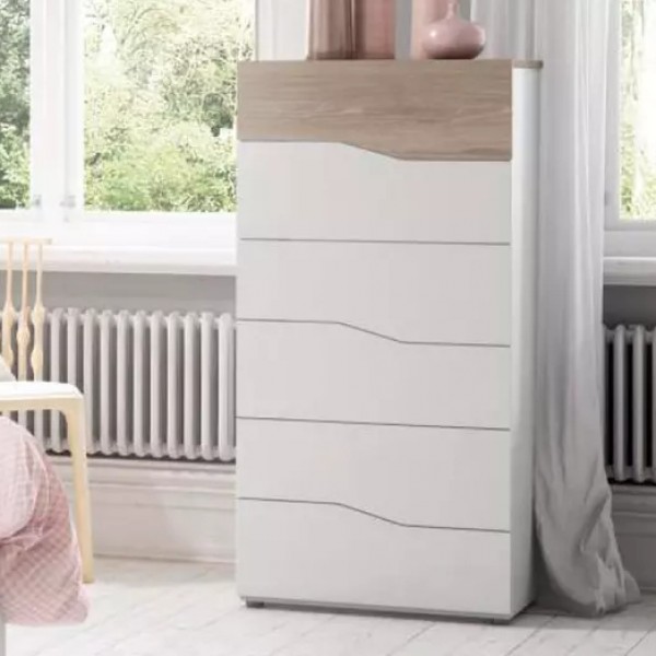 Vista ambientata Cassettiera in legno colore "Bianco/Rovere" con 6 cassetti modello Ardesia Totò Piccinni
