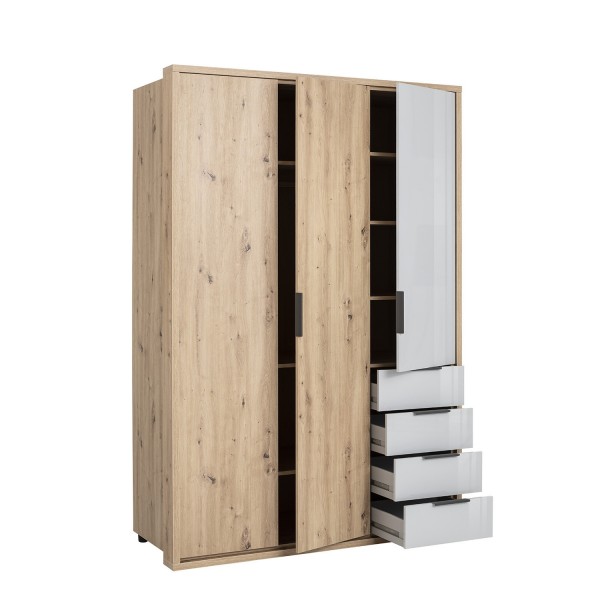 Vista diagonale Armadio classico in legno colore "Rovere Artisan/Grigio Laccato" con 3 ante e 4 cassetti modello Aura Totò Piccinni